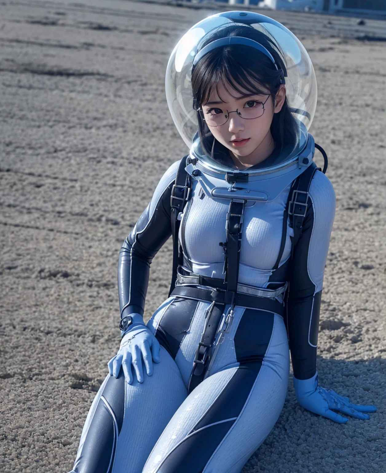 (8k, RAW photo, best quality, masterpiece), (photorealistic), outstanding details, ultra-high resolution, anatomically correct, textured skin, space helmet, bubble helmet, bodysuit

(Cute Japanese girl , 20-year-old),  full body, glasses, blue visor helmet