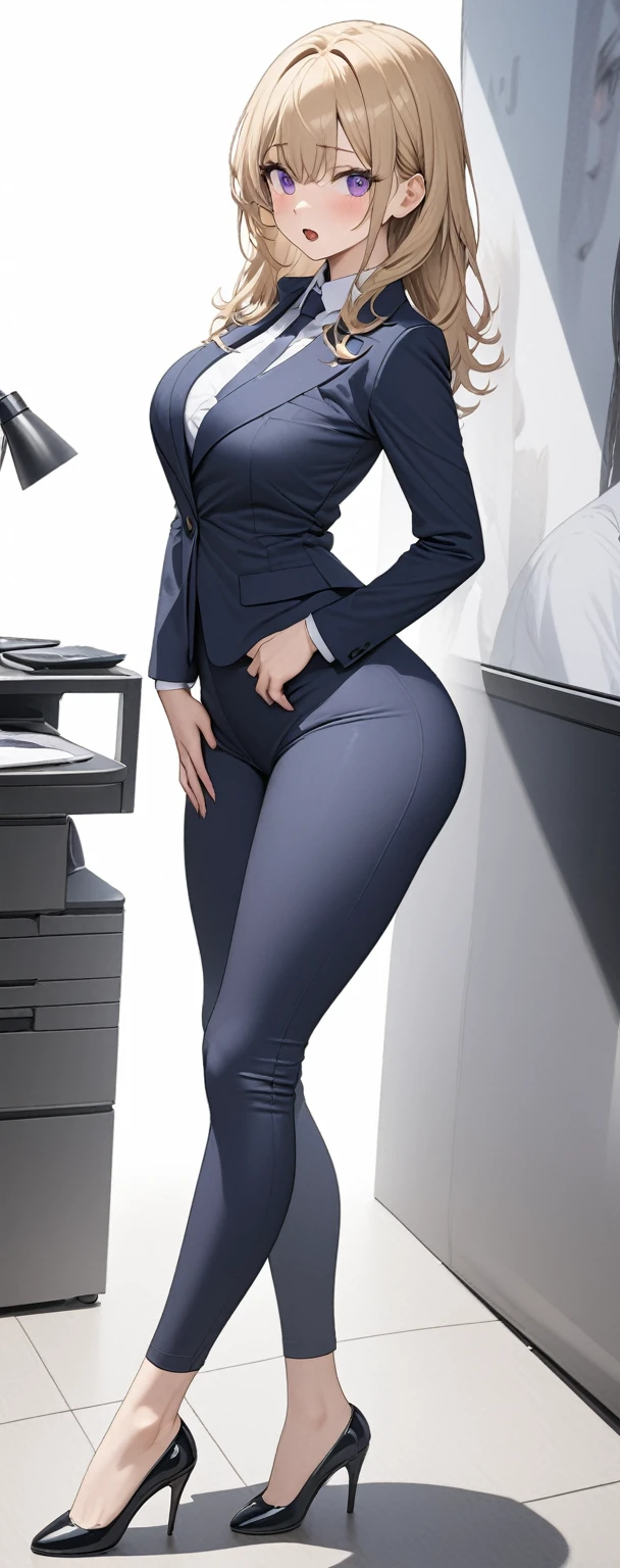 ((masterpiece)), ((high quality)),((ultra-detailed)), ((extremely detailed)),(character portrait), 4K,8K,wearing blue pants suit, white collared shirt, office suit, 21yo, a beautiful woman, very tall woman with great style, perfect big breasts, perfect big ass, tight suit, slender body, 1girl, solo, gold short bob hair, navy hair, perfect hands, perfect face, perfect purple eyes, perfect body, beautiful legs, cold beauty, open mouth, shy, surprised, side view, hand on ass, white plain background, full body, pumps