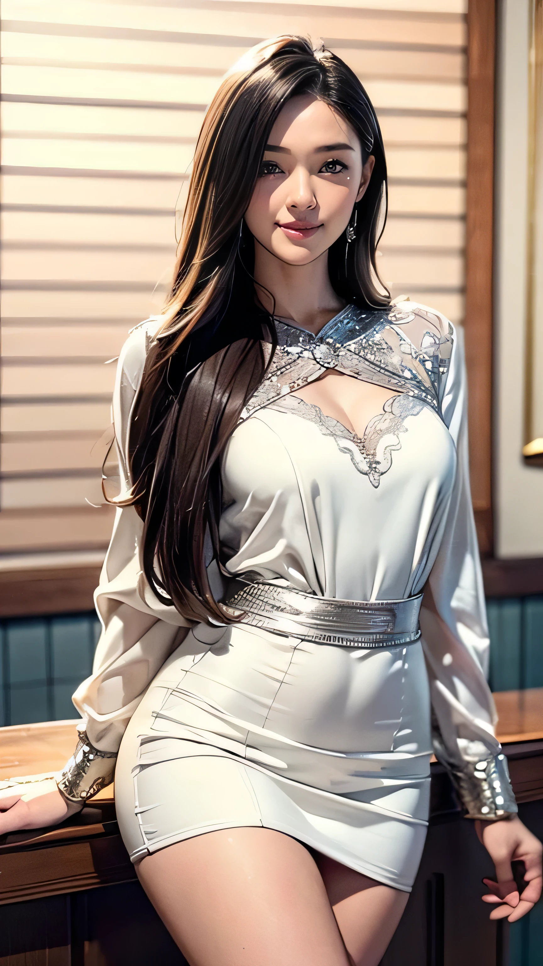 Create an image of a beautiful American woman in her 20s or 30s. She has long, flowing hair and is wearing a sailor uniform. Her body is glamorous with large breasts and a big butt. She has a smiling.The whole body is shown.
