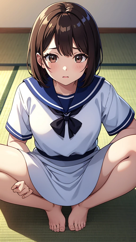 ((masterpiece, Highest quality, Very detailed, Very nice 8K CG wallpaper)), , A little thick, Medium Hair, Light brown hair, short hair, Brown eyes with a slight yellow tint,judo player、Sailor Style uniformS、Large bust、Sailor Suit、mini skirt、judo、Cute expression、InSide the judo GymnaSium、、On the tatami、discovery、One person&#39;S、Full body standing、rest、Kyoko Hori、Height: 163cm、幼い頃judo家に育てられた、The strongest woman to win a tournament、Ninth Dan、The strongest woman who defeated the bully、The strongest woman who beat Ichiro Watanabe、Ichiro Watanabe&#39;s smell on the sailor suit、渡部一郎の匂いmini skirtにつく、When Ichiro Watanabe beats him up, sweat remains、Sweating