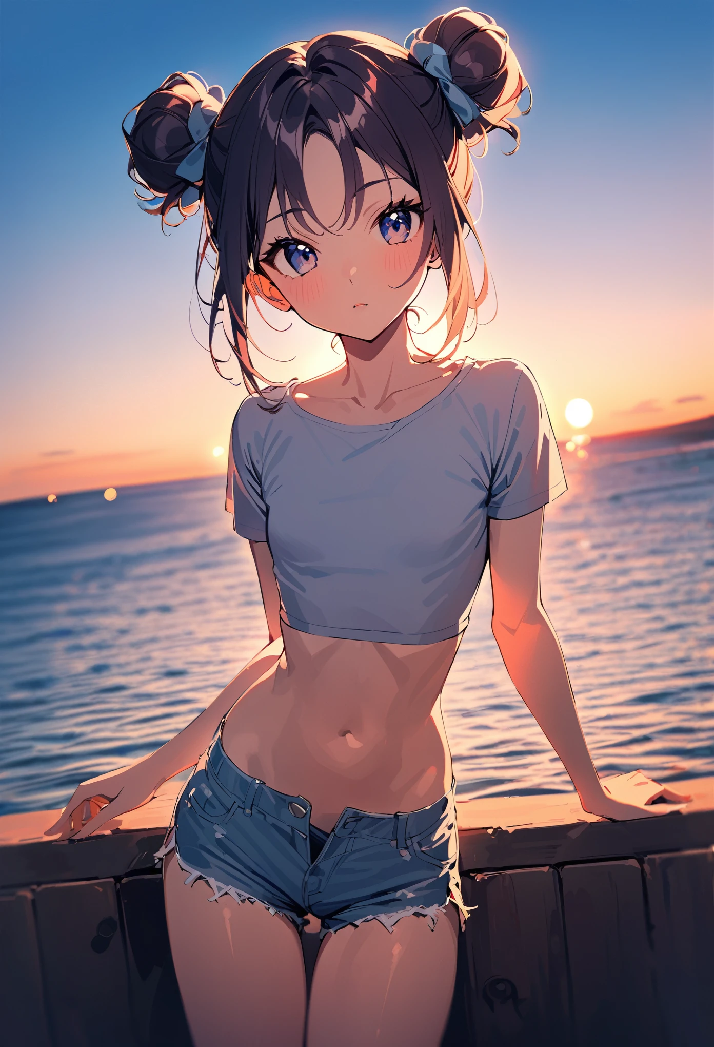 1 girl, 2 buns, skinny body, flat chest, skimpy cropped t-shirt and shorts, posing, ocean view, cowboy shot, vivid colors, bokeh, portraits