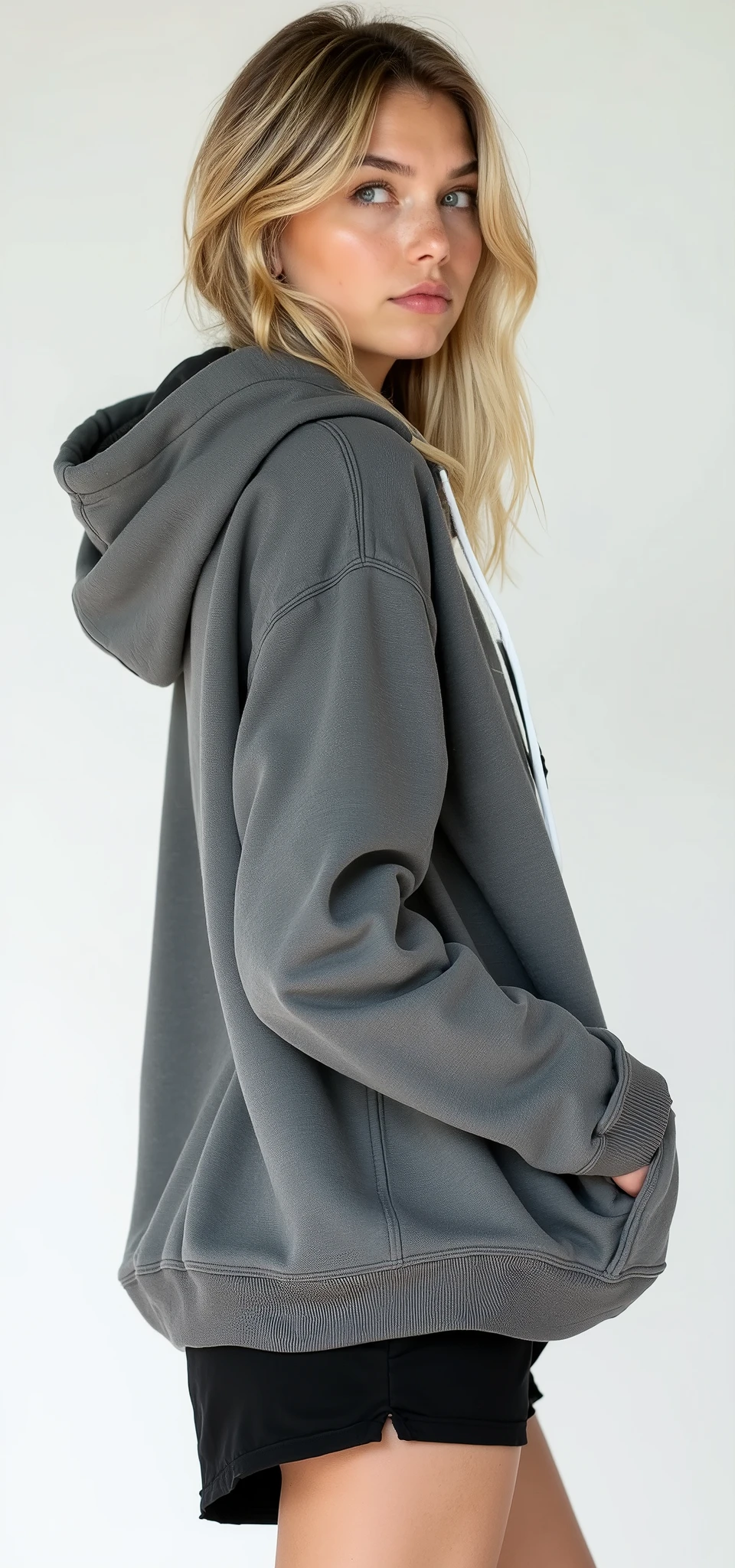 a woman in a gray hoodie and black shorts posing for a picture, girl wearing hoodie, gray hoodie, wearing hoodie, wearing an oversized hoodie, grey hoodie, oversized hoodie, in a hoodie, hodie mihi cras tibi, oversized, wearing a hoodie, hoodie, grey hoodie opened, in a black hoodie, dark grey, wearing a hoody, wearing sweatshirt