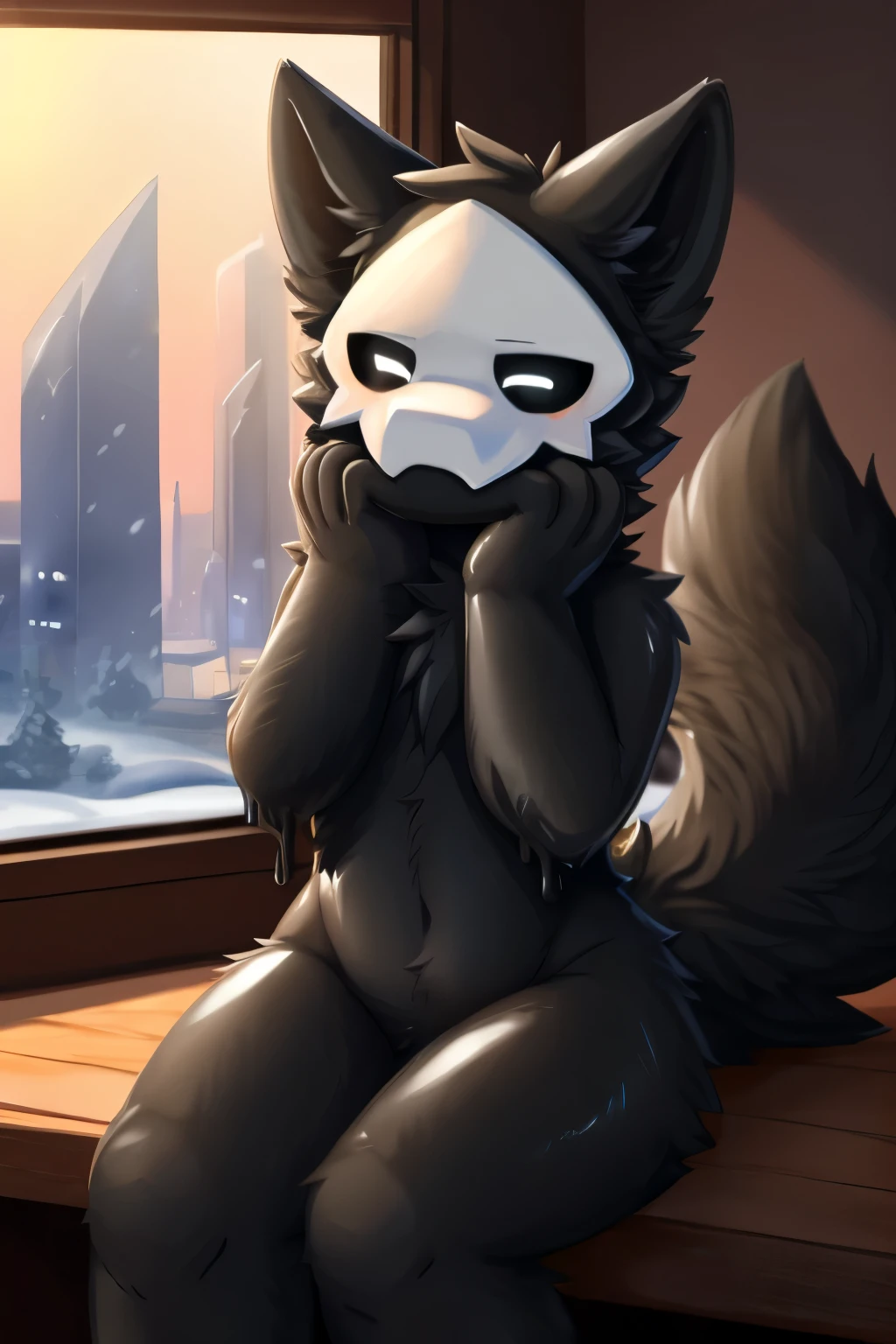 by chano, by cheesefries, by sanu, puro, (solo), anthro, male, slime boy, goo creature, black body, black fur, monotone fur, monotone body, white mask, black sclera, white eyes, black slime, glistening body, wolf ears, wolf tail, (huge fluffy tail), snout, thin, girly, femboy, fluffy fur, fluffy tail, sitting, sitting at table, table, (1 tail), fluffy, looking at viewer, indoors, window, glass wall, cyberpunk, cityscape view, hands on face, (wink, winking, one eye closed), snow, frost, detailed background, romantic, romantic ambiance, soft lighting, vignette, plate of oranges, glass of water, restaurant, warm lighting