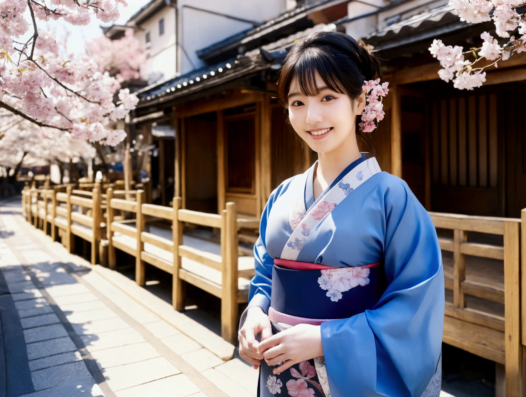 smile、8K quality、Highest quality、Beautiful Eyes、Healthy body shape、Traditional Japanese Beauty、In the charming streets of the ancient capital、A beautiful woman in a kimono standing among falling cherry blossom petals。She is wearing an elegant blue kimono、柔らかいsmileを浮かべながら桜の花に触れている。In this scene, rendered in 8K resolution,、The natural light gently illuminates her face.、A traditional townhouse can be seen in the background.。History and modernity combined、Quiet and beautiful scenery