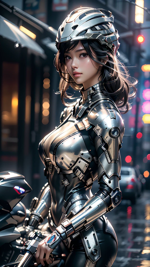 CG 8k hyper realistic detailed cyberpunk style, detailed perfect face, thin curved eyebrows, long luscious eyelashes, black eyeliner, black eye shadow, curved lips, perfect beautiful face, perfect makeup,long luscious wavy hair, perfect body, big curved breast, cyberpunk armored suit,show cleavage, mecha cyborg arms, mecha cyborg legs, full body portrait, shows but crack, show side boob,