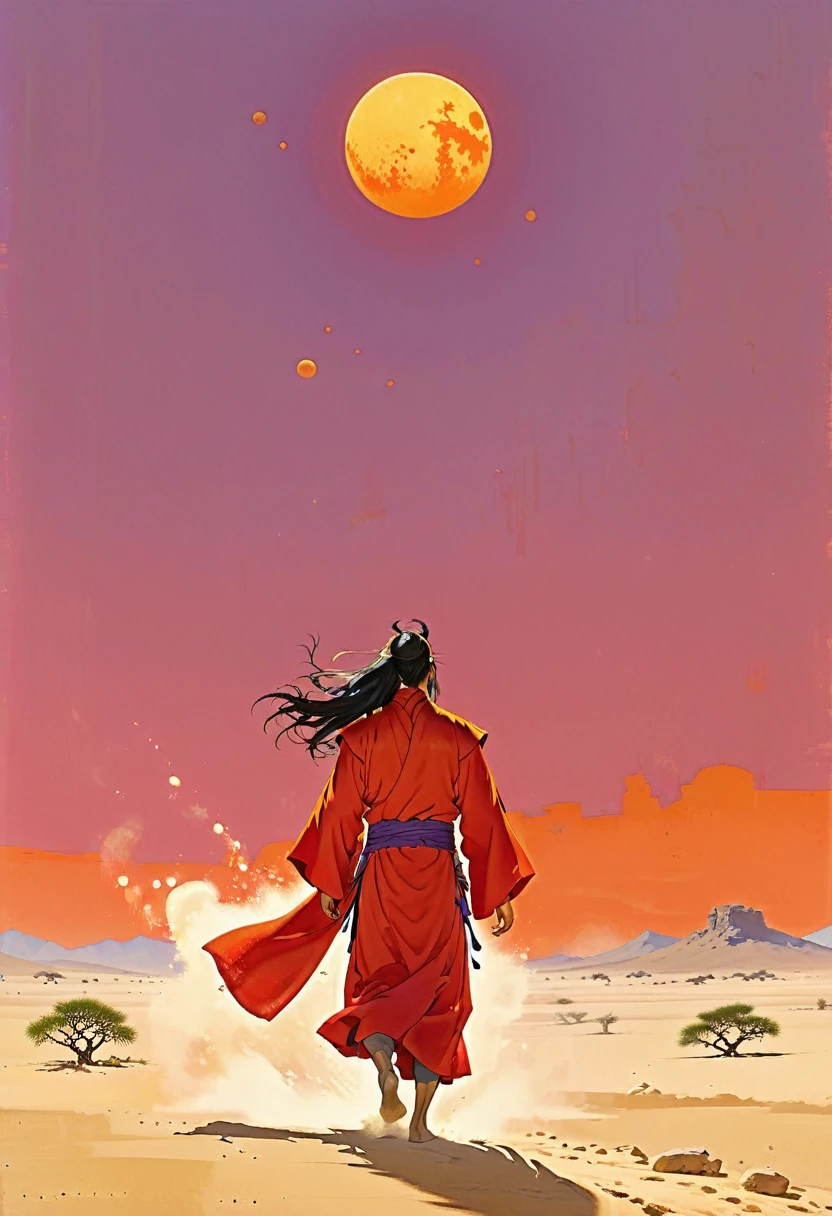 In a vast, desolate desert, Kua Fu, a towering figure with muscular arms and long flowing hair, sprints toward a massive, glowing sun. His strides are immense, kicking up dust and sand behind him, as he chases the radiant orb across the horizon. His face is determined, sweat glistening under the heat, but his spirit is unyielding. The landscape around him is barren, scorched by the sun’s heat, with withered trees and cracked earth. The sky is a blend of fiery oranges and deep purples, and the sun casts long, dramatic shadows, emphasizing the epic and mythological nature of Kua Fu's pursuit. The scene feels intense, heroic, and filled with the primal energy of an ancient legend