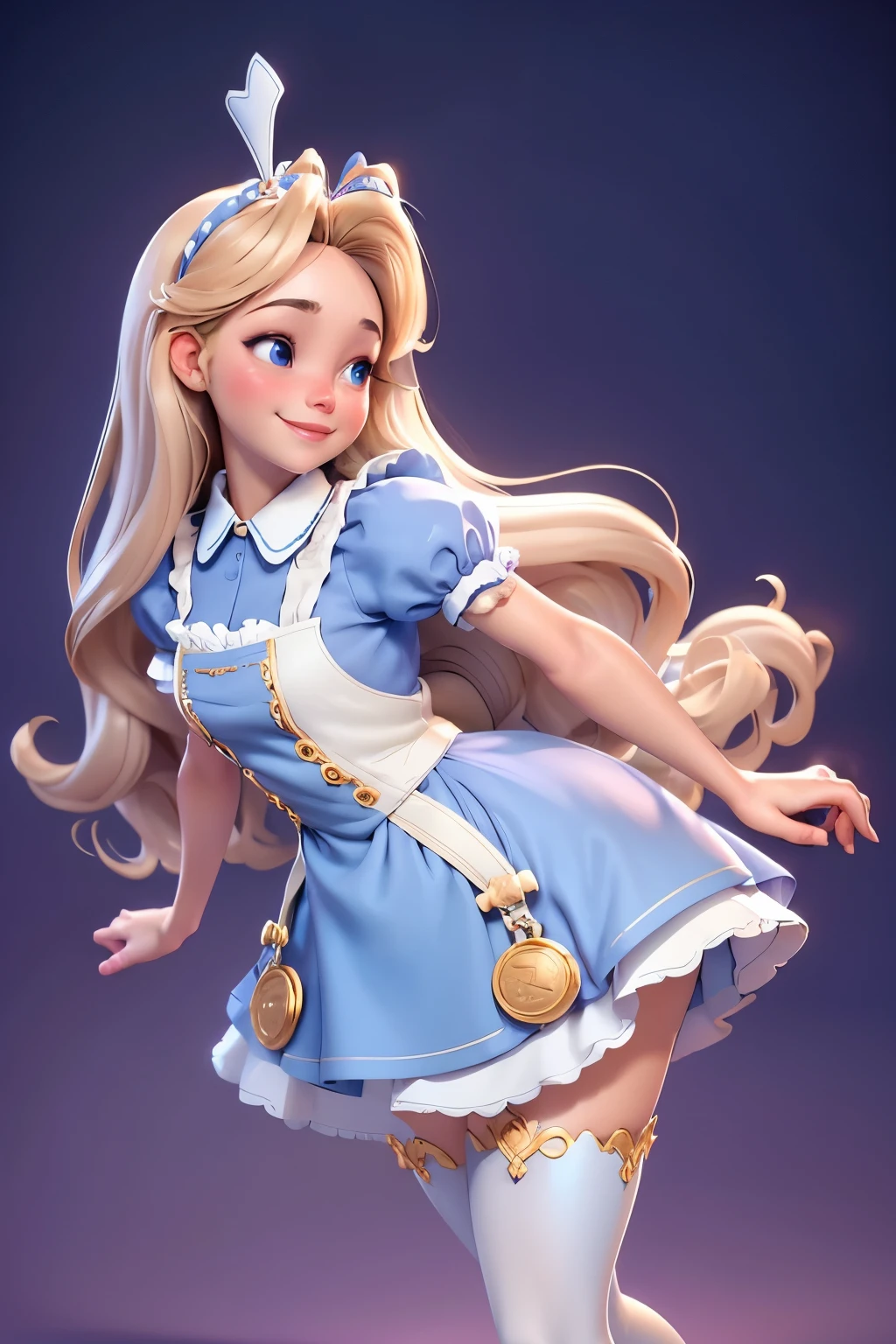 High resolution, 4K, 8k,Long curly blonde hair, Alice in Wonderland,Blue and white maid outfit, Lovely 3d rendering,glad to, show all your joy, Perfect and detailed smile,whole body, white stockings,Rabbit decoration with accessories, The right hand holds a large gold coin, Recreational sports posture, look up, Smooth skin, Interior background in lilac color, Soft and even lighting, Playful and relaxing atmosphere, tense action,