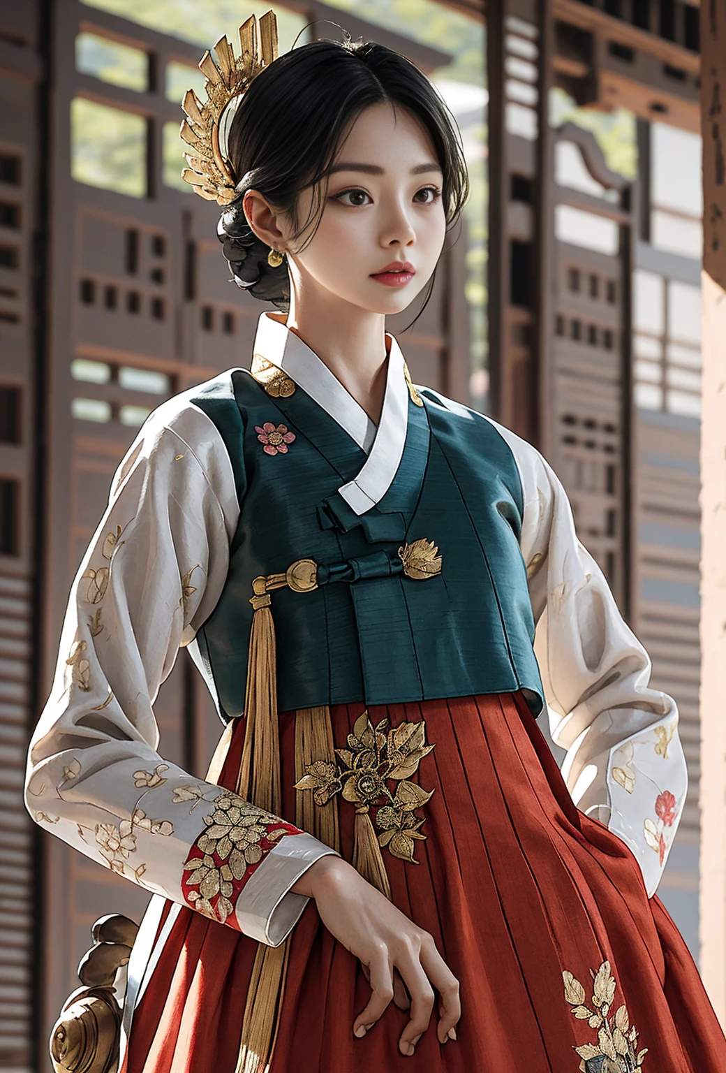 (masterpiece), (Detailed illustrations), top quality, illustration, (intricate details), (Korean style, realistic: 1.37), illustration, Very delicate and beautiful, very detailed, 8K wallpapers, amazing, fine details, high resolution, very detailed eyes and face, Full body front view, (Looking for viewers: 1.4), Korean style Hanok, Traditional Korean Houses, Korean woman, The Girl in the Hanbok, (20 years old), pale skin, Black hair pulled up into a bun and decorated with gold decorative pins, headdress, earring, floral pattern, Summer hanbok made of thin material, Close-up photo of a woman standing in a wide, voluminous crimson hanbok skirt, beautiful, Gorgeous and classic, Detailed depiction of traditional Korean clothing,