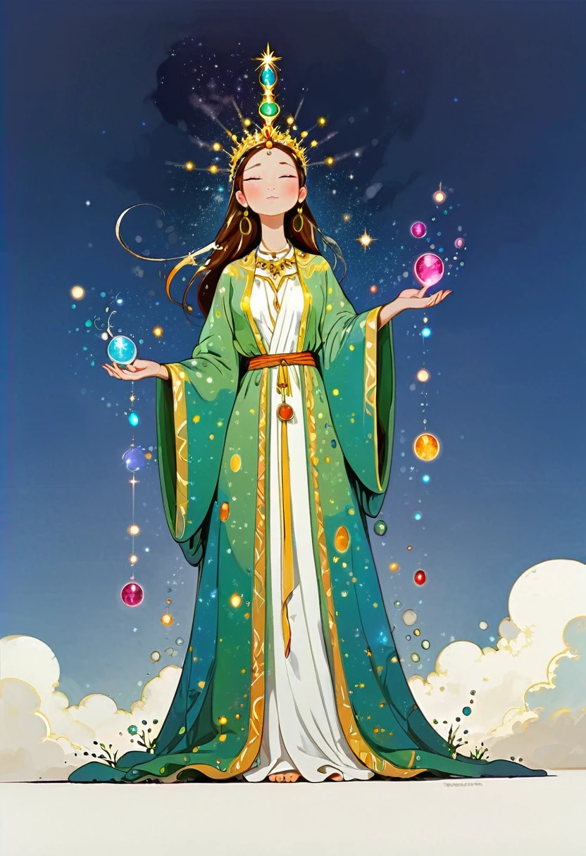 (masterpiece:1.5), (Best quality:1.3), Simple background, Simple lines, Art illustration, coloring book, fantasy, Imagine, creativity, Art, abstract, Surreal, Goddess, glowing stones, celestial, girl, whole body, flowing robes, ethereal, stars, clouds, sky cracks, divine energy, front view, calm expression, mystical aura