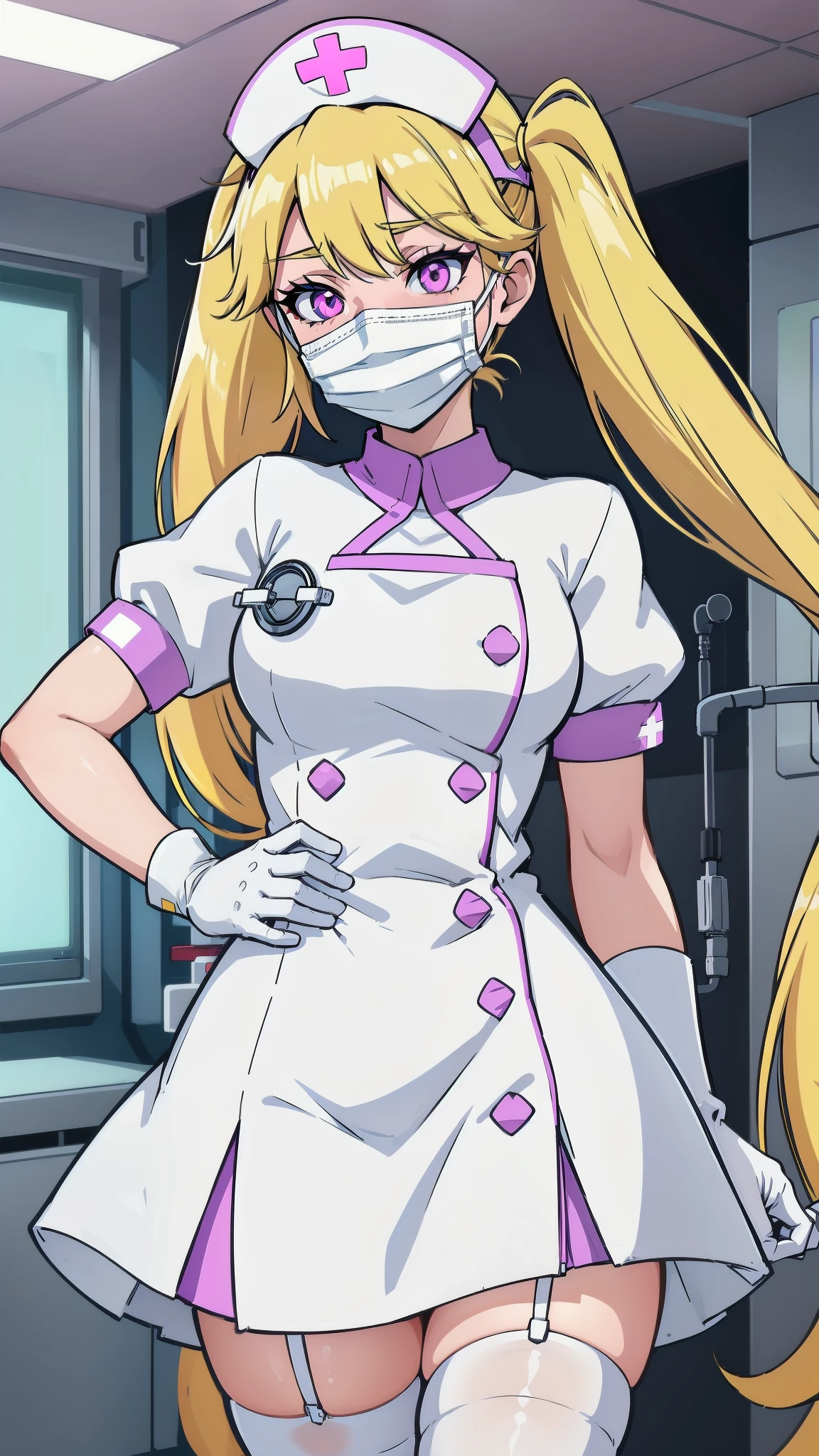 1girl, solo, nurse, nurse cap, white wear, ((white legwear, zettai ryouiki)), white gloves, twintails, yellow hair, purple eyes, ((white surgical mask, covered nose)), standing, ((hospital room)), sharp outline, short sleeves, best quality, masterpiece