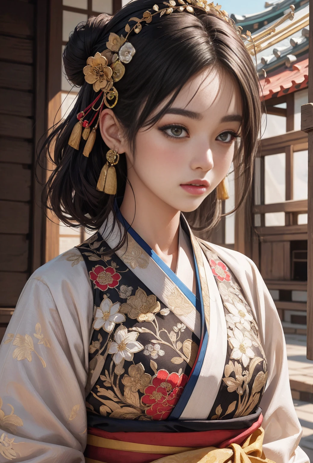 (masterpiece), (Detailed illustrations), top quality, illustration, (intricate details), (Korean style, realistic: 1.37), illustration, Very delicate and beautiful, very detailed, 8K wallpapers, amazing, fine details, high resolution, very detailed eyes and face, Full body front view, (Looking for viewers: 1.4), Korean style Hanok, Traditional Korean Houses, Korean woman, The Girl in the Hanbok, (20 years old), pale skin, Black hair pulled up into a bun and decorated with gold decorative pins, headdress, earring, floral pattern, Summer hanbok made of thin material, Close-up photo of a woman standing in a wide, voluminous crimson hanbok skirt, beautiful, Gorgeous and classic, Detailed depiction of traditional Korean clothing,