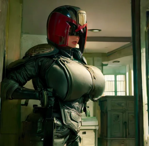 One girl, Helmet, armor, uniform, Contrapposto jdgdrdd, View your viewers, indoor, Portraiture, Film Grain,Big Breasts