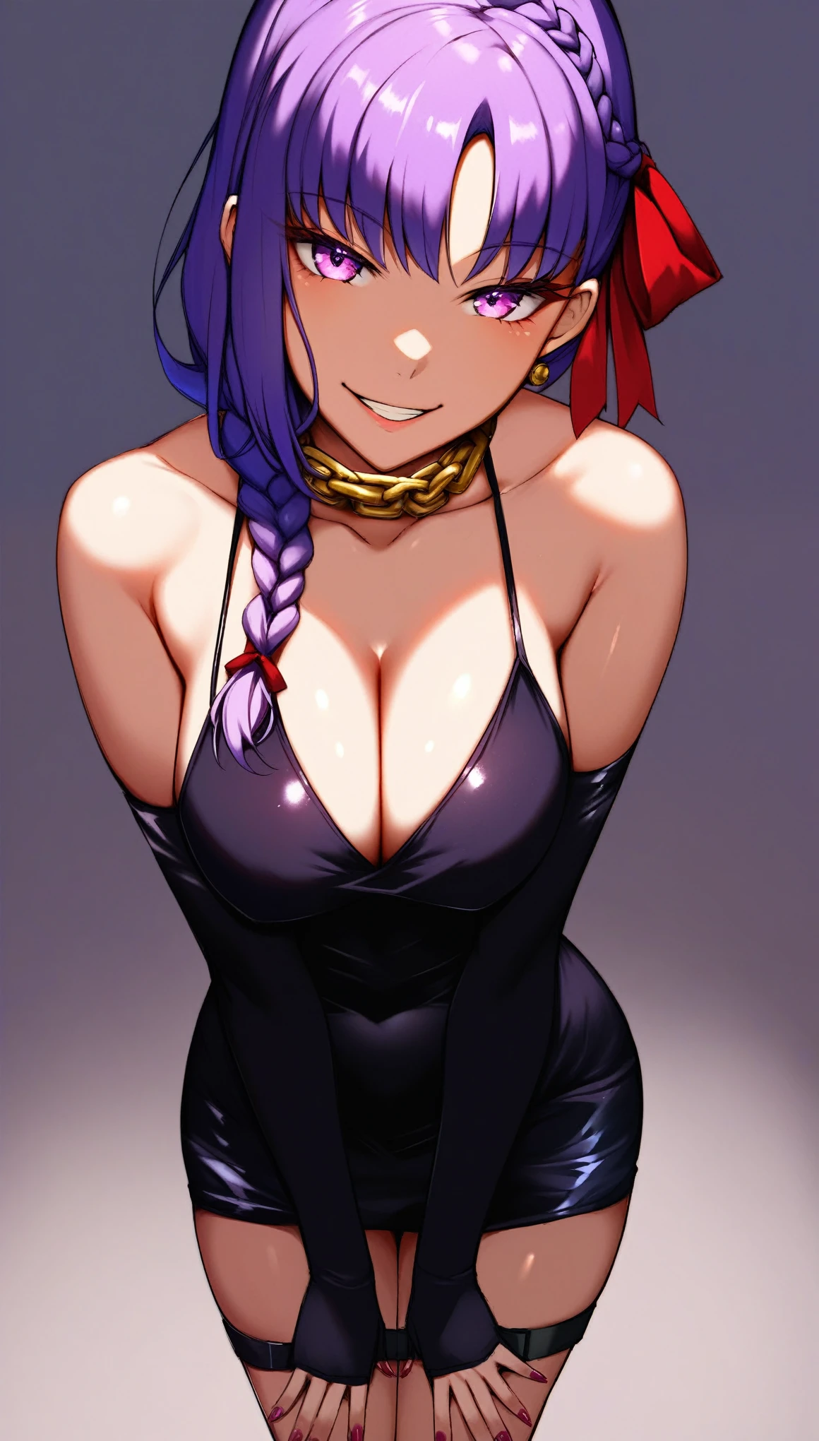 score_9, score_8_up, score_7_up, score_6_up, dark theme，sinozick style sketch
chef_no_kimagure_salad fate/grand_order fate_(series) bb_dubai_(fate) commentary_request highres 1girl black_dress braided_hair_rings breasts chain cleavage dress gold gold_chain hair_ribbon large_breasts leaning_forward long_hair looking_at_viewer purple_eyes purple_hair red_nails ribbon smile solo standing very_long_hair yellow_ribbon，dress, short dress, elbow gloves