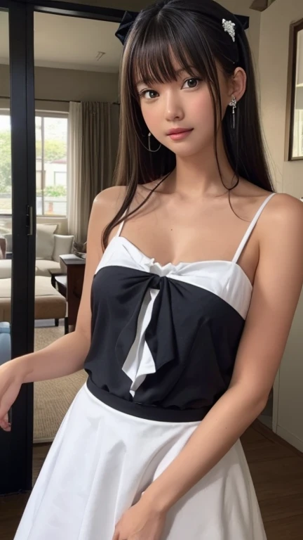 Please draw a beautiful woman in 1920s fashion.。She wears a flapper dress、Wearing a pearl necklace。Black Hair