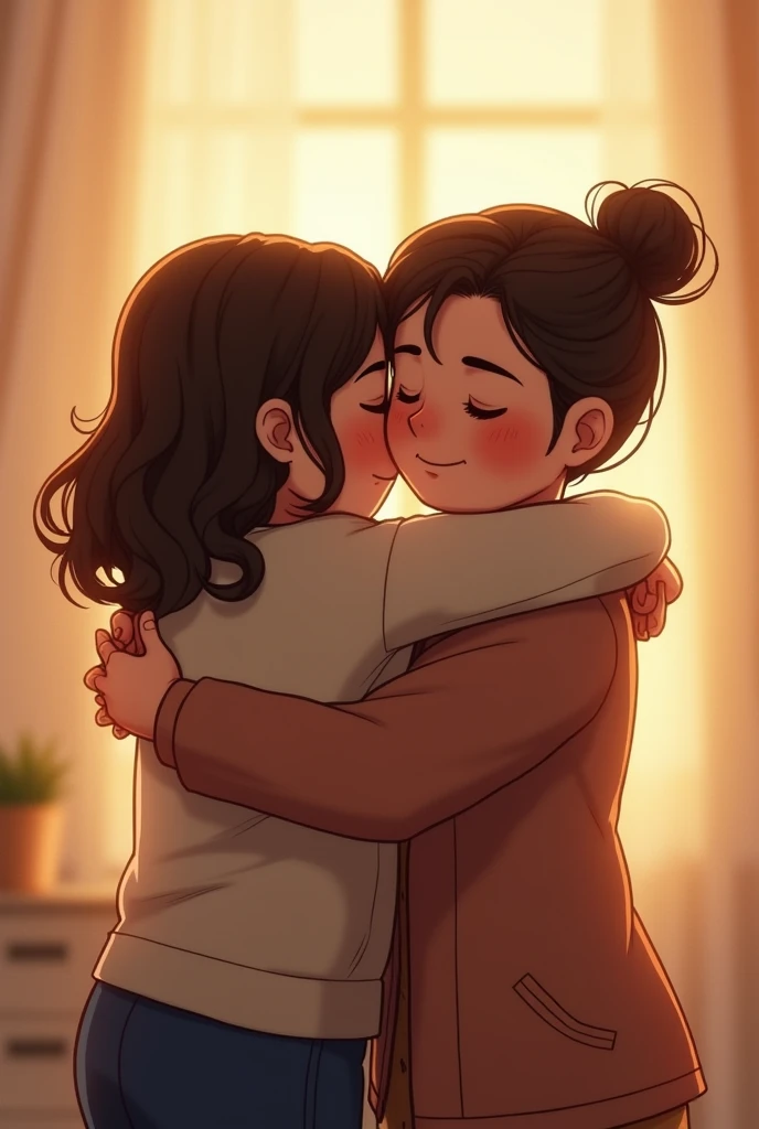 Amazing portrait of two lesbians aggressively making out passionately with their lips touching as they're hugging each other tight and kissing passionately and erotically with one sitting on the lap of the other who's sitting in a chair next to a window as it's raining outside during night time in a dark room with one lamp giving off warm lighting