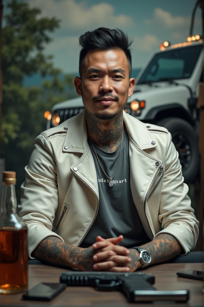A handsome Asian man wearing a black t-shirt with a picture of Melaica is sitting in a chair holding a glass of beer