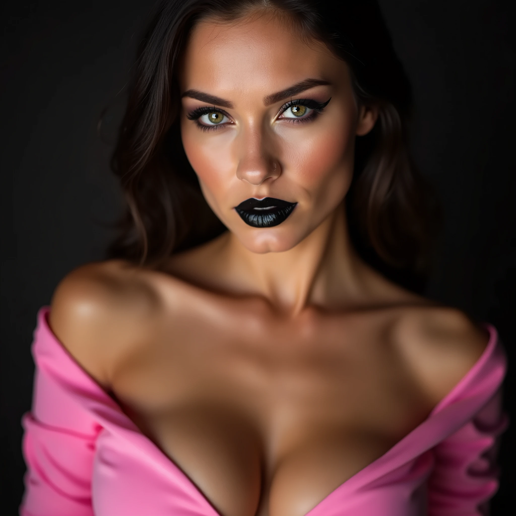 (best quality, hyperdetailed photography:1.2), beautiful white lady, ((dark black lipstick)), freckles, gothic makeup, soft light, curvy figure, head and breast portrait, cover, (detailed beautiful face, detail skin texture, ultra-detailed body:1.1) sexy vampire women, full body photography, with black elegant and sexy dress