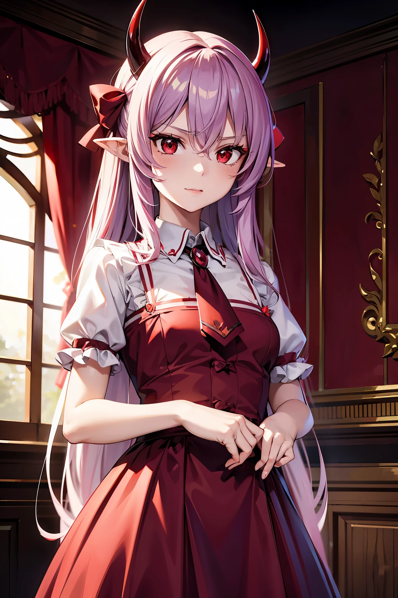 remilia scarlet, girl, red eyes, long hair, demon horns, short sleeve dress, young body, blood on body, high quality, 8k, best quality, 4k, ultra-detailed, realistic, photorealistic, vivid colors, sharp focus, professional, masterpiece, extremely detailed eyes and face, beautiful detailed eyes, beautiful detailed lips, long eyelashes, concept art