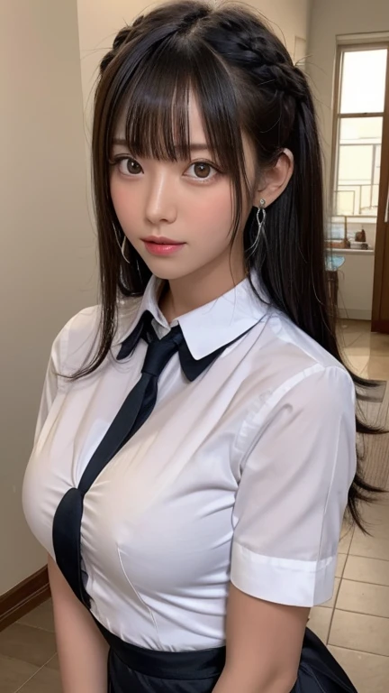 Highest quality (8k, High resolution, masterpiece: 1.2), Very detailed, Anime art style, Dynamic Angle, Teen Style, (Sexy maid、dress、dressを着た、Gorgeous maid、Maid clothes、Maid clothes、Maid in uniform、Girl in Maid clothes, Earrings, indoor,), Detailed black hair, Fine black eyes, Complicated hairstyle, Long Hair , the body is slim, Sparkling eyes, like々Shii, hair accessory, Half Up, Slightly blunt bangs, Detailed lighting, Bright colors, Looking at the audience, Center the image, Cowboy Shot