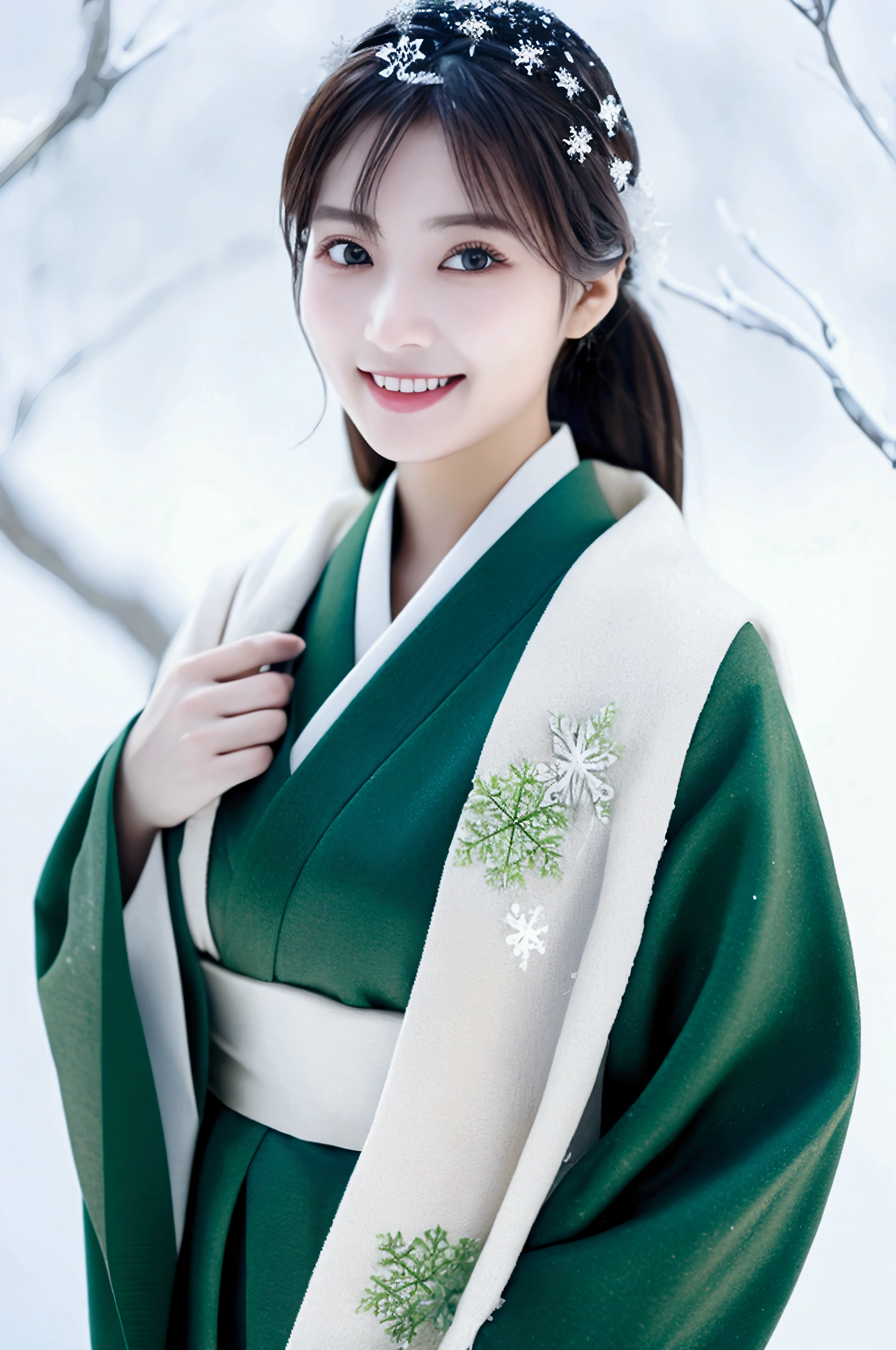 smile、8K quality、Highest quality、Beautiful Eyes、Healthy body shape、Traditional Japanese Beauty、In the frozen winter forest、A woman in a deep green kimono stands out against the silvery white world、The kimono is decorated with a delicate snowflake pattern and々Ice glitters on the branches of the、Her quiet gaze is fixed on the distance、