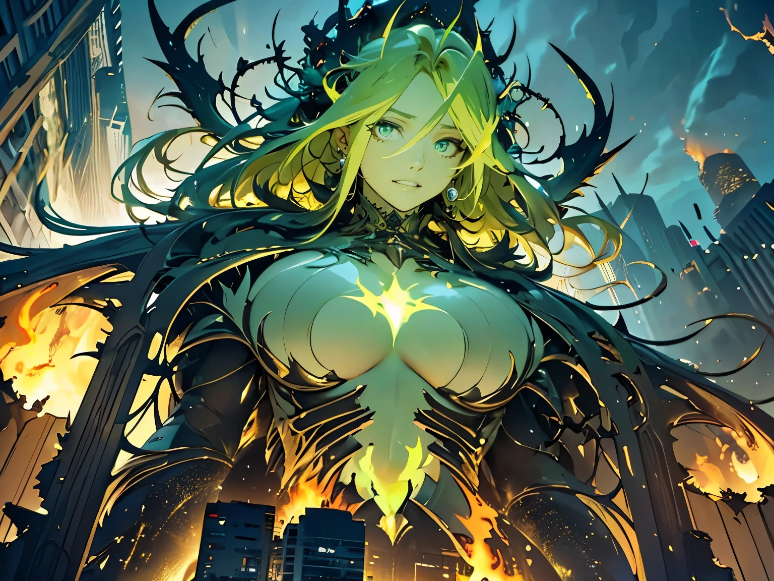 destroyed city, angle from below, (200 meter tall huge goddess floating, emits light from all over the body, last judgment, light-green flame, lost pupils, drooping eyes, realistic skin),