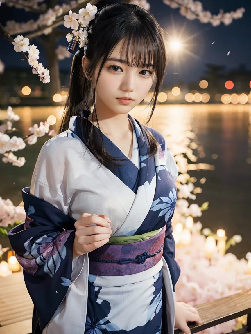 1 girl、(Indigo kimono:1.2)、(RAW Photos、Highest quality)、(Genuine、Realistic:1.4)、masterpiece、Very delicate and beautiful、非常にdetailed、2k wallpaper、wonderful、detailed、非常にdetailed CGユニティ 8k 壁紙、非常にdetailed、High resolution、Soft Light、美しいdetailed女の子、非常にdetailed目と顔、美しいdetailed鼻、美しいdetailed特別な目、Cinema Lighting、City lights at night、Perfect Anatomy、Slender body、A light smile、close、(Long hair with bangs)、Large Breasts、Photograph the whole body、ponytail、i have a small bag、Background with cherry blossom petals
