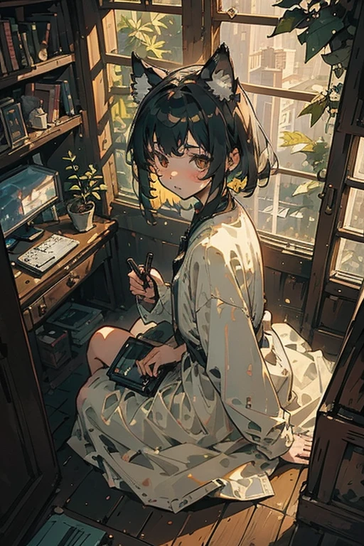 (masterpiece:1.2, Highest quality, Very detailed), (Impressionism:1.3), One girl, Tall Girl, From above, plant, Black Hair, Lie in, indoor, Holding, Long sleeve, Long Hair, stuffed toy, potted plant, Book, food, window, Telephone, Extensive interior, tv set, short hair, behind, 動物のstuffed toy, With cat, slipper, barefoot, Sitting, Bookshelf, shelf, cable, computer