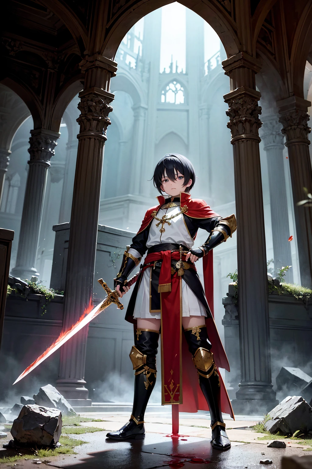 High resolution, masterpiece, Highest quality, High-resolution model, Cosplaying as a Holy Knight、Gauntlet on left hand、Holding a longsword in his right hand、A red aura emanates from the sword.、Ruins in the wilderness、Standing on a 、Bathed in blood、Sword raised gesture、Countless corpses、返りBathed in blood