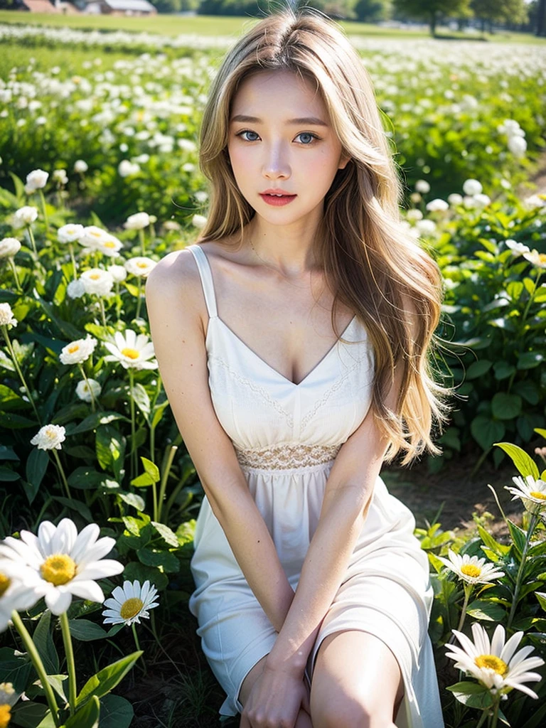 (masterpiece, best quality),1Beautiful girl with long white hair sitting in a field of green plants and flowers, Her hands are under her chin, warm lighting, white dress, blurry view