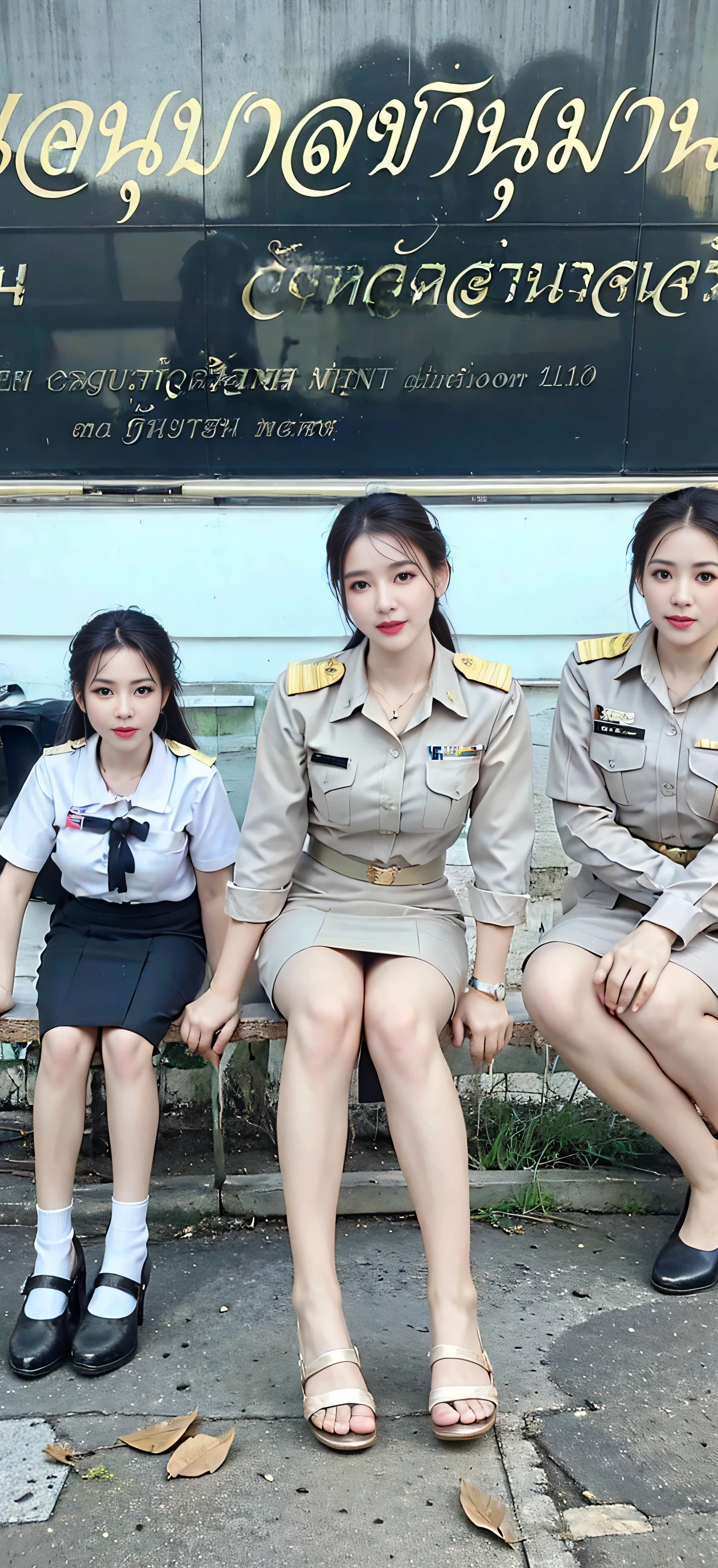 Khaki suit, khaki civil servant, Thai teacher uniform:1.3, Beautiful girl with extra long hair, Two meter long hair, Long hair that catches the eye, long black hair, Her hair is very long., Long, shiny hair, Long, thick, soft hair, Extra long hair, Dynamic posts, like full body, Short sleeve shirtสีกากี, short pencil skirtสีกากี, side cut, Decorated with military insignia., black high heels, The sexiest, small waist, hips raised, small thighs, Long legs, big breastsโต, big breasts:1.5, big breast, Very big breasts, Eye-catching breasts, Large breasts pierce the shirt, Not completely covered, big breast, Huge breast, Big tits D, สาวTwo meter long hair, Beautiful face, red lips, Very shiny, แต่งBeautiful face, Military rank insignia, short pencil skirt, tight, Short sleeve shirt, tight fitting, in the background, blurred garden. ultra short skirt, , Focus on short skirts, standing mannequin, walk, straight face, Open the top button., Standing in front of the flagpole, respect the national flag, Flag of Thailand