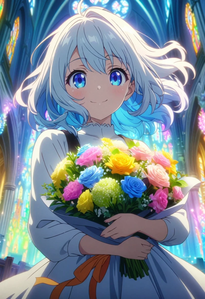 Masterpiece, highest quality, highly detailed CG Unity 8k wallpaper, one girl, anime screenshot, holding a bouquet of flowers glowing in colorful neon colors, best smile, church in the background, depth of field