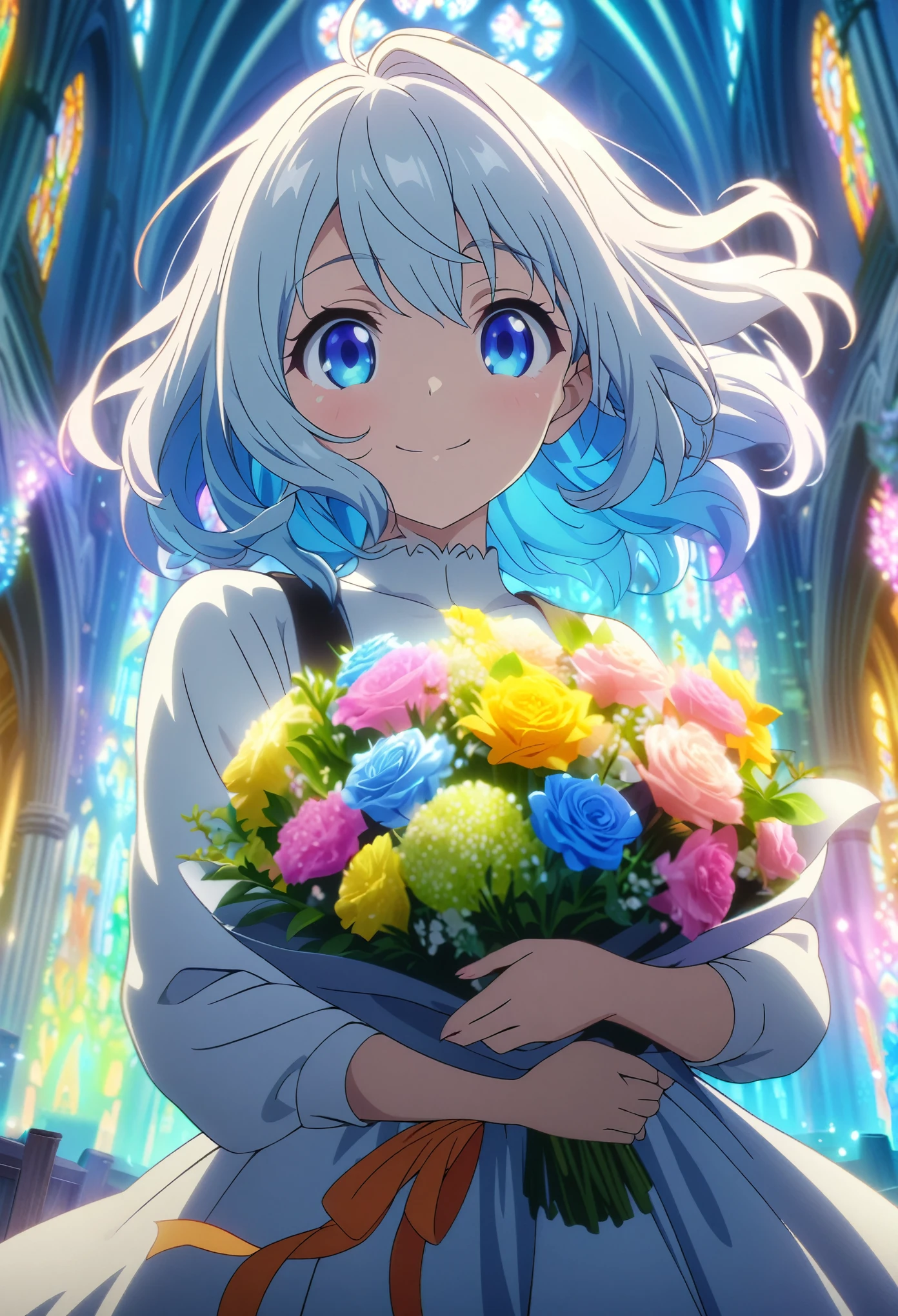 Masterpiece, highest quality, highly detailed CG Unity 8k wallpaper, one girl, anime screenshot, holding a bouquet of flowers glowing in colorful neon colors, best smile, church in the background, depth of field