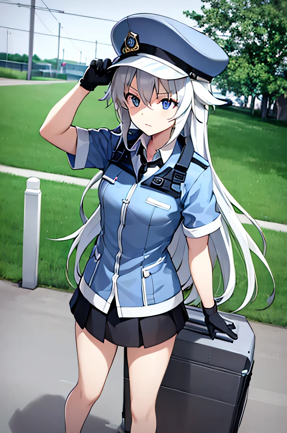 
1girl, solo, long hair, blue eyes, white hair, messy hair, hat, black gloves, white socks, police uniform, black skirt, short sleeves