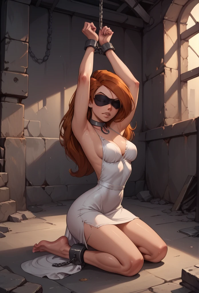 score_9,score_8_up,score_7_up, 1 girl, kim possible, dress, angry look, blindfold, submissive, metal shackles, chains, Arm shackles, spread arms, arms up, metal choker, medium breasts, bare feet, slightly shiny skin, long slim body, detailed skin, abandoned basement, kneeling