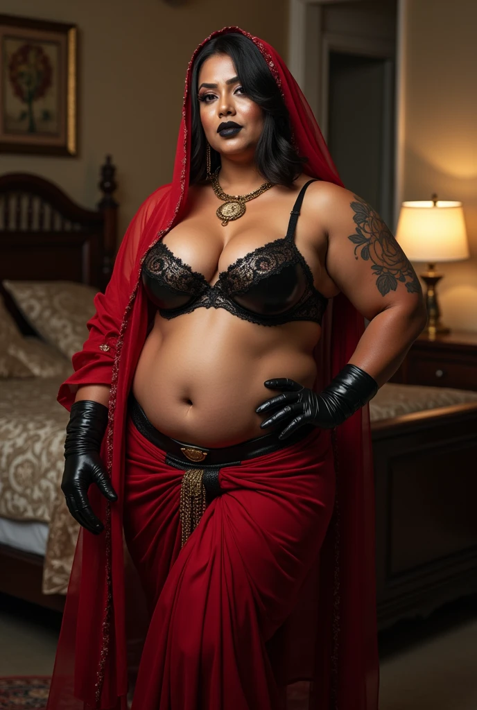 INDIAN BRIDE,RED Saree VEIL, Wet , Kinky , mistress, hunter, Wet BBW PAWG CHUBBY CURVY FAT ASS CURVY mistress her big ass in leather thong and big cleavage in leather bra, dark black lipstick,high heels, inside bedroom , pantyhose, strapon dildo, kinky , femdom, cruel mistress, sex toys,hand gloves with HUNTER and tattoo and strap in neck, Full body picture,