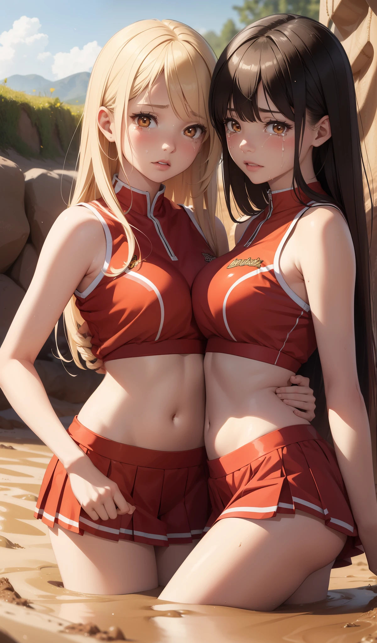 ((Finest quality)),(超A high resolution),(ultra-detailliert),sharpnes,Clair,Art with astounding depictions,Dynamic poses where the whole body is visible, ((1 Female Combat,flaxen ponytail),Camouflage pattern tank top,perspiring,Body dirty with mud)