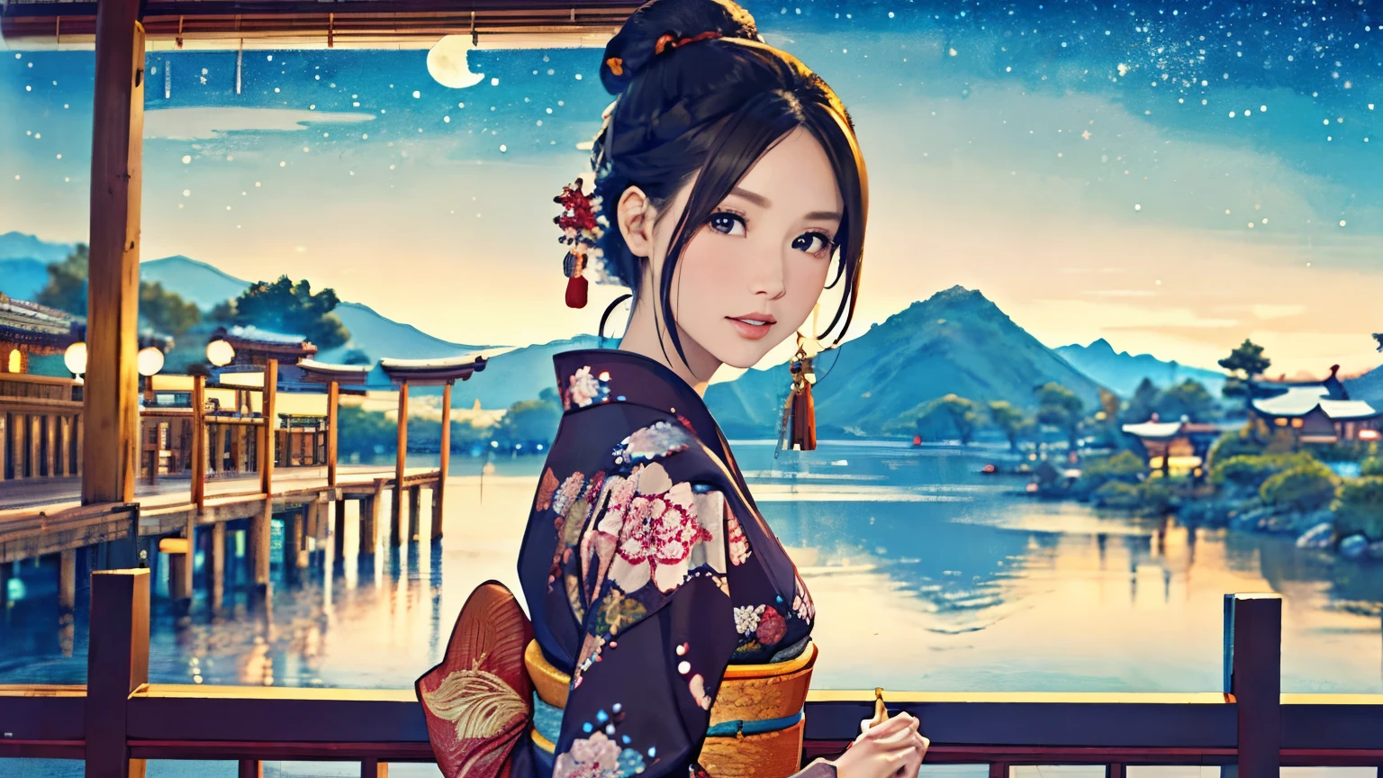 (Highest quality、 8k 、masterpiece、High resolution)、(whole body)、Vibrant colors、Brown-black bob、Traditional topknot、Ample breasts、(Highly detailed face and eyes,Beautiful Face,Beautiful Eyes,Beautiful Nose,Pretty lips)、Official Art、Ukiyo-e style、 (Beautiful woman in kimono)、(bright floral kimono)、background、river、bridge、Mountain、wood、Starry Sky、moon、plum、lanthanum、Detailed CG、