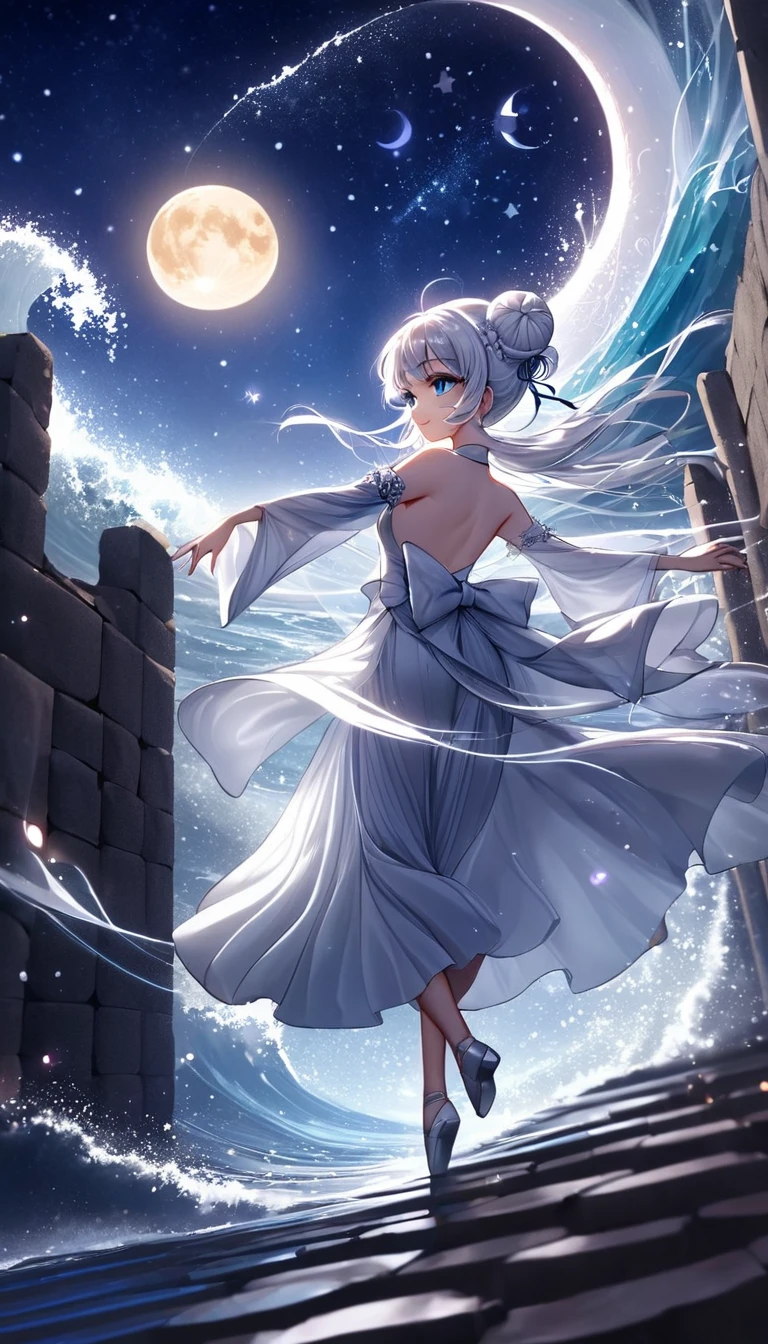 Under a giant, glowing moon, a delicate girl dances atop an ancient wall. Her blue eyes shimmer like countless stars, and her long white hair cascades down her back, with a snowflake-shaped hairpin adorning a small bun. Her slender frame is draped in a flowing white traditional dance costume. She gracefully waves a thin silk ribbon, which dances with the wind as she moves. The night sky, vast and dark, highlights her ethereal beauty, making her appear as if she were a celestial being, weaving a dreamlike spell on the world below.