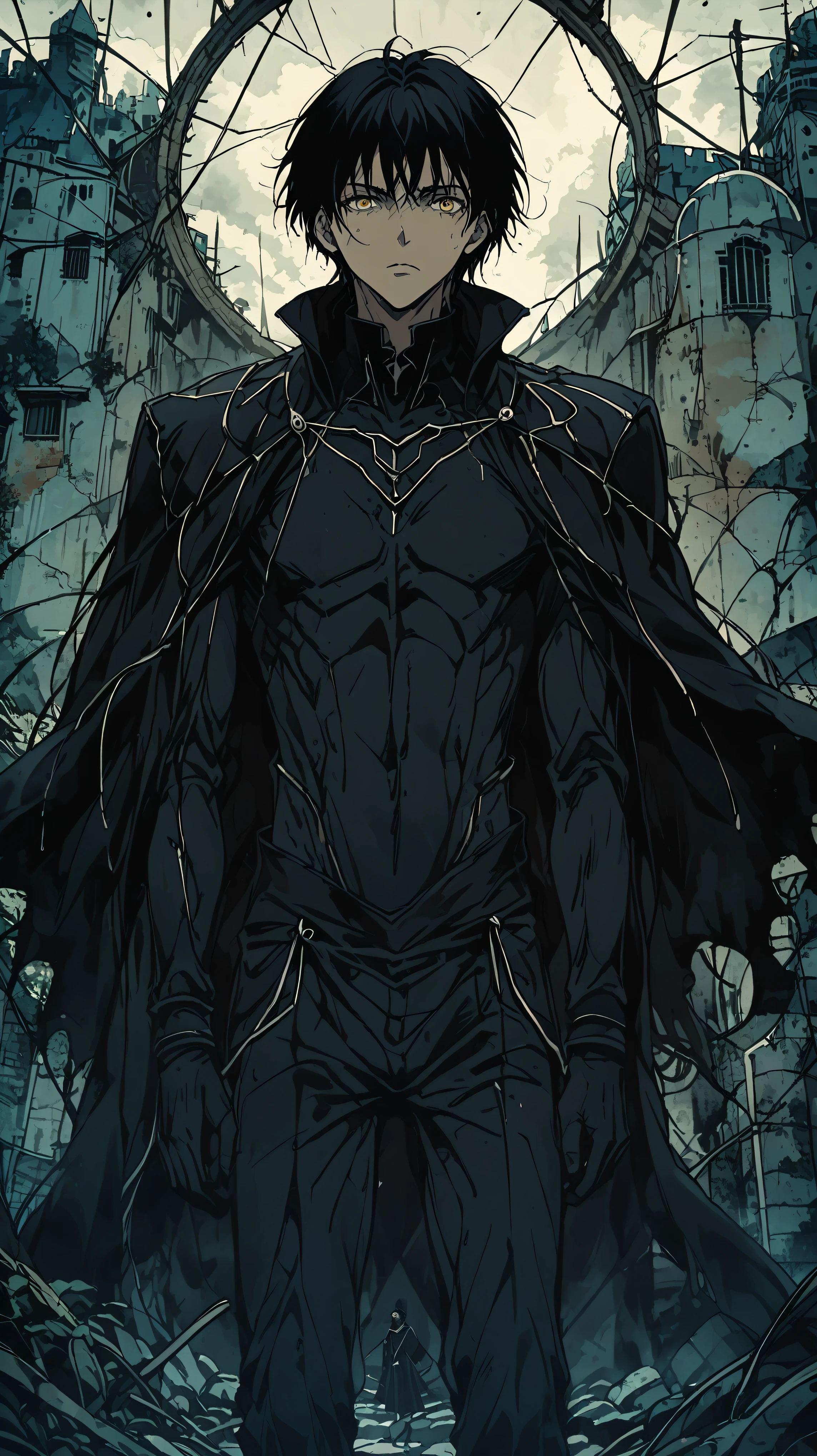 homen,dark skin yellow eyes , armadura negra de fully body,with black hair on the shoulders torn black cape,Black gloves , cabelos longos e negros, fully body, castle ,dark