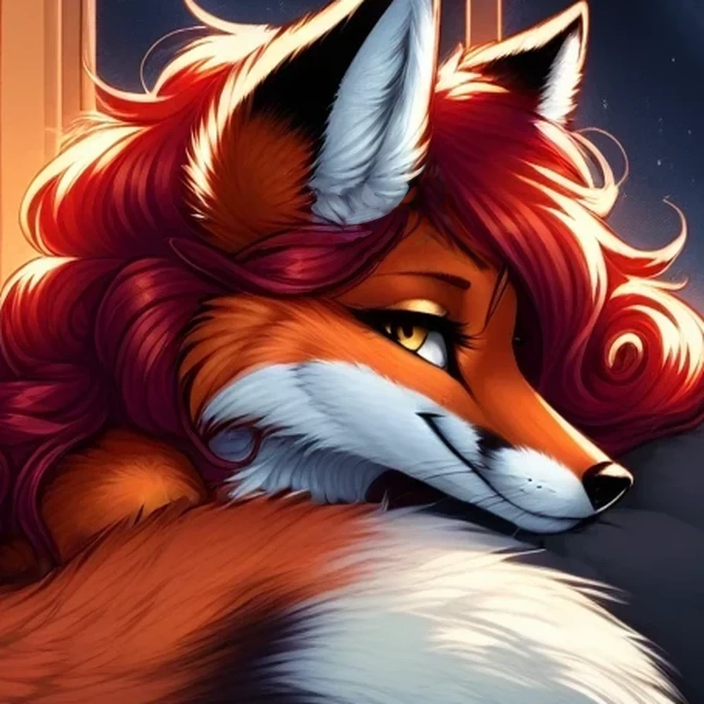 red fox, female, vixen, fox tail, gorgeous, majestic, elegant, mysterious, alluring, romantic, beautiful, sexy body, voluptuous, hair, scarlet hair, red hair, yellow eyes, smile, gazing at viewer with side eye, side view, full body, highres, perfect artwork, absurdres, rzminjourney, vector-art, curled up, tail curled up cuddling, curled up cutely, sleeping, sleeping cutely, waifu, on a bed, black pillow, in a bedroom, night, window with night sky and a half-moon, window, half-moon, pitch black night sky, safe for work, covered chest