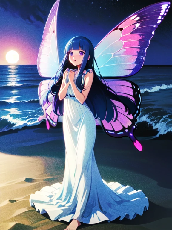 ((Siren)), ((Fairy Wings)), butterfly wings, One girl, alone, Blue Hair, Purple eyes, Long Hair, blunt bangs, bangs, Soft Light, White sand beach, Sea foam, Under the moonlight, Soft Breeze, Flowing Dress, whole body