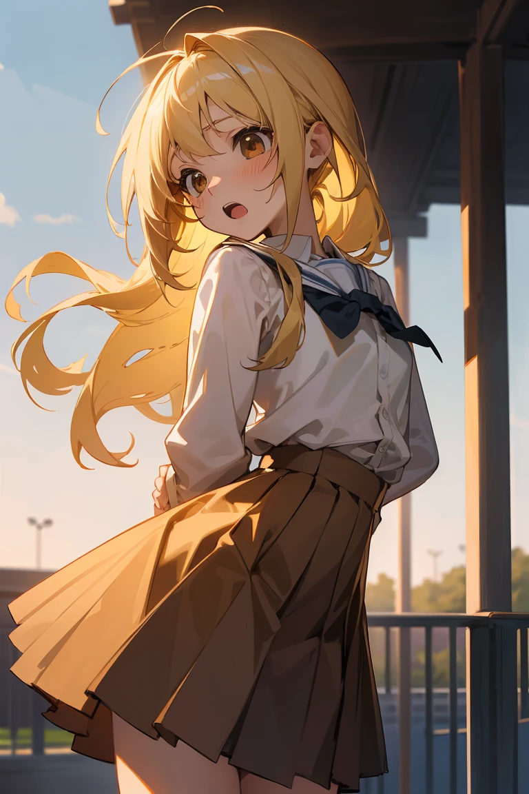 1girl, masterpiece, best quality, solo, , child, blonde hair, long hair, brown eyes, surprised, open mouth, school uniform, outdoors, disheveled hair, long sleeves, dress sways in wind, cowboy shot, accidental exposure, striped panties, (arms behind back:1.2), (looking down:1.2),
