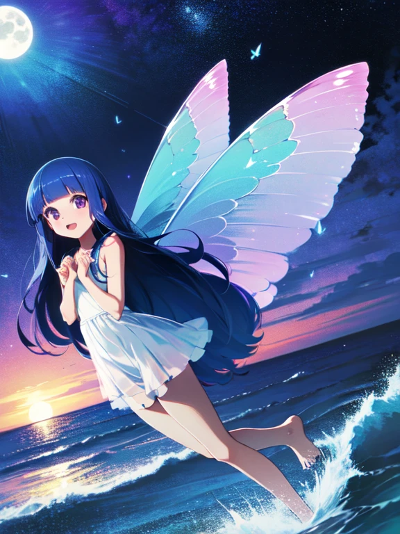 ((Siren)), ((Fairy Wings)), butterfly wings, One girl, alone, Blue Hair, Purple eyes, Long Hair, blunt bangs, bangs, １１age, Soft Light, White sand beach, Sea foam, Under the moonlight, Soft Breeze, Flowing Dress, whole body