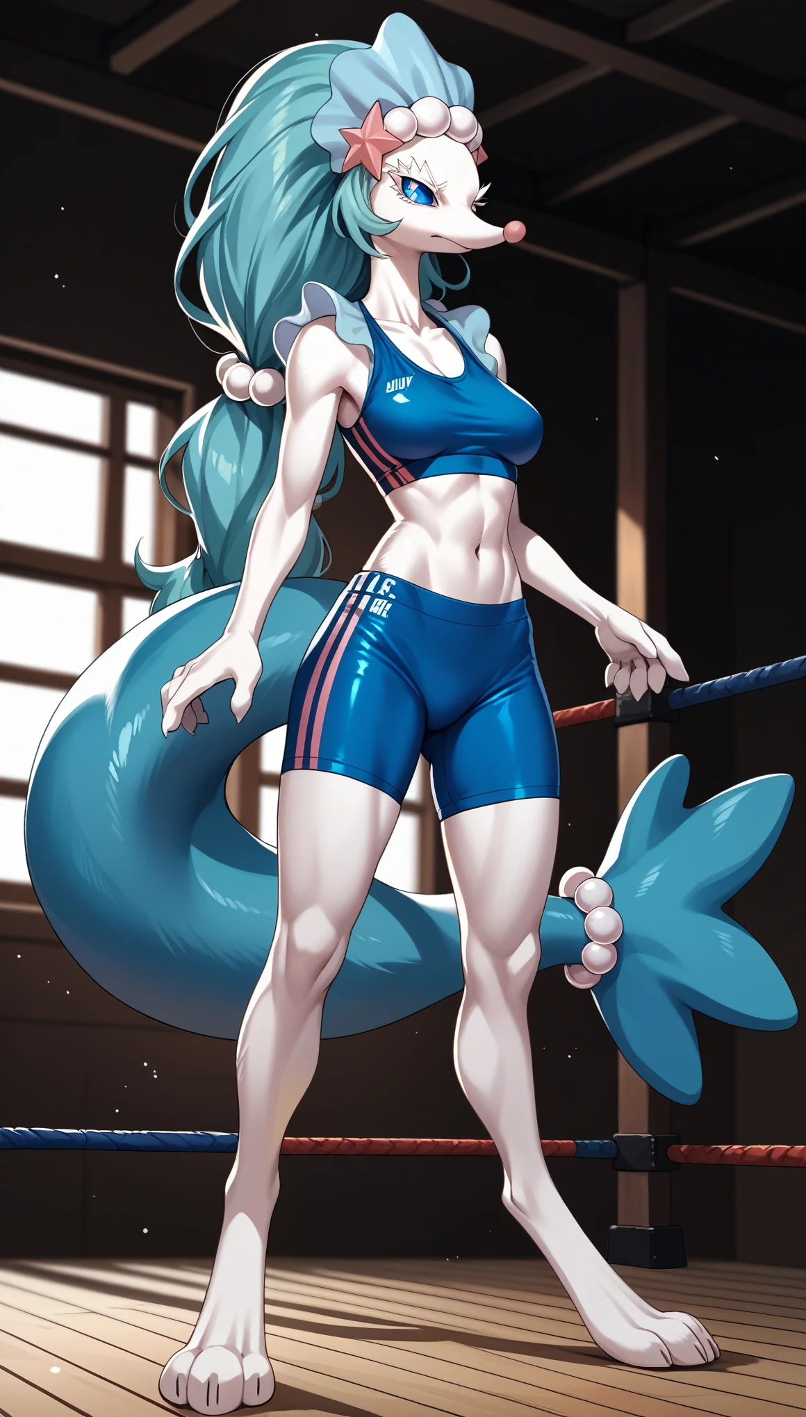 (zPDXL2), (PonyXLV6_Scores), source_anime, source_anthro,
Solo, an Anthro furry female Primarina pokemon, detailed eyes, hair, tall slender body, in a high neck sports bra, in tight shorts, wearing UFC gloves, serious face expression, tail, with exposed toes, feet paws, 4 toes, indoors, Standing in the UFC ring, UFC ring background