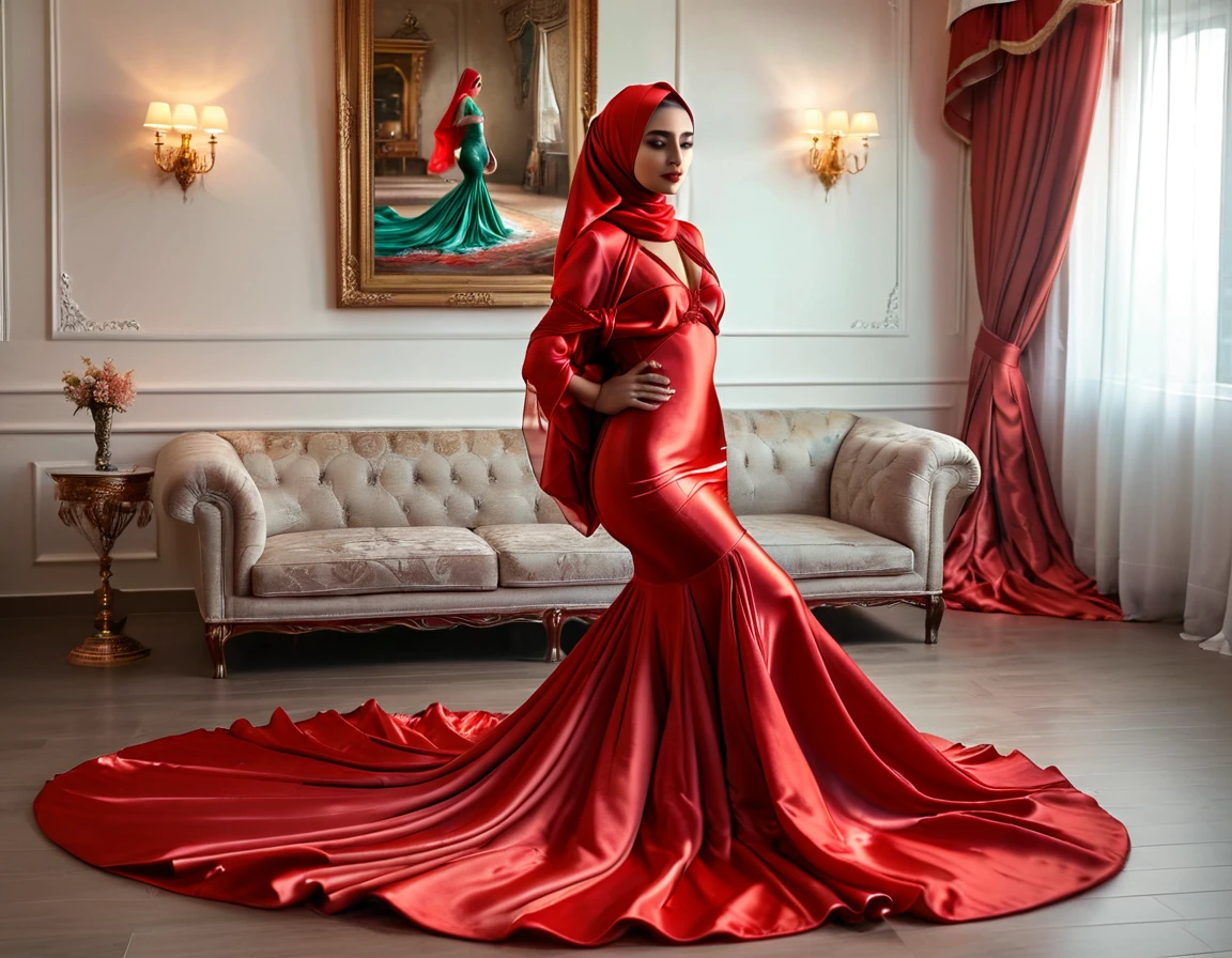 A woman shrouded in 9 meters of red satin, tight wrapped from the waist to the thighs and mermaid shape on the bottom of dress, tied tightly and magnificently draped along her body shape, 9 meter long flowing dress tail on the floor, strugle to handle her dress,styled in mermaid inspired clothing, her head is simply veiled in a satin hijab, 185cm tall woman, standing in luxury living room, full body pose conveying an elegant impression, caught on camera in resolution 4k, very realistic