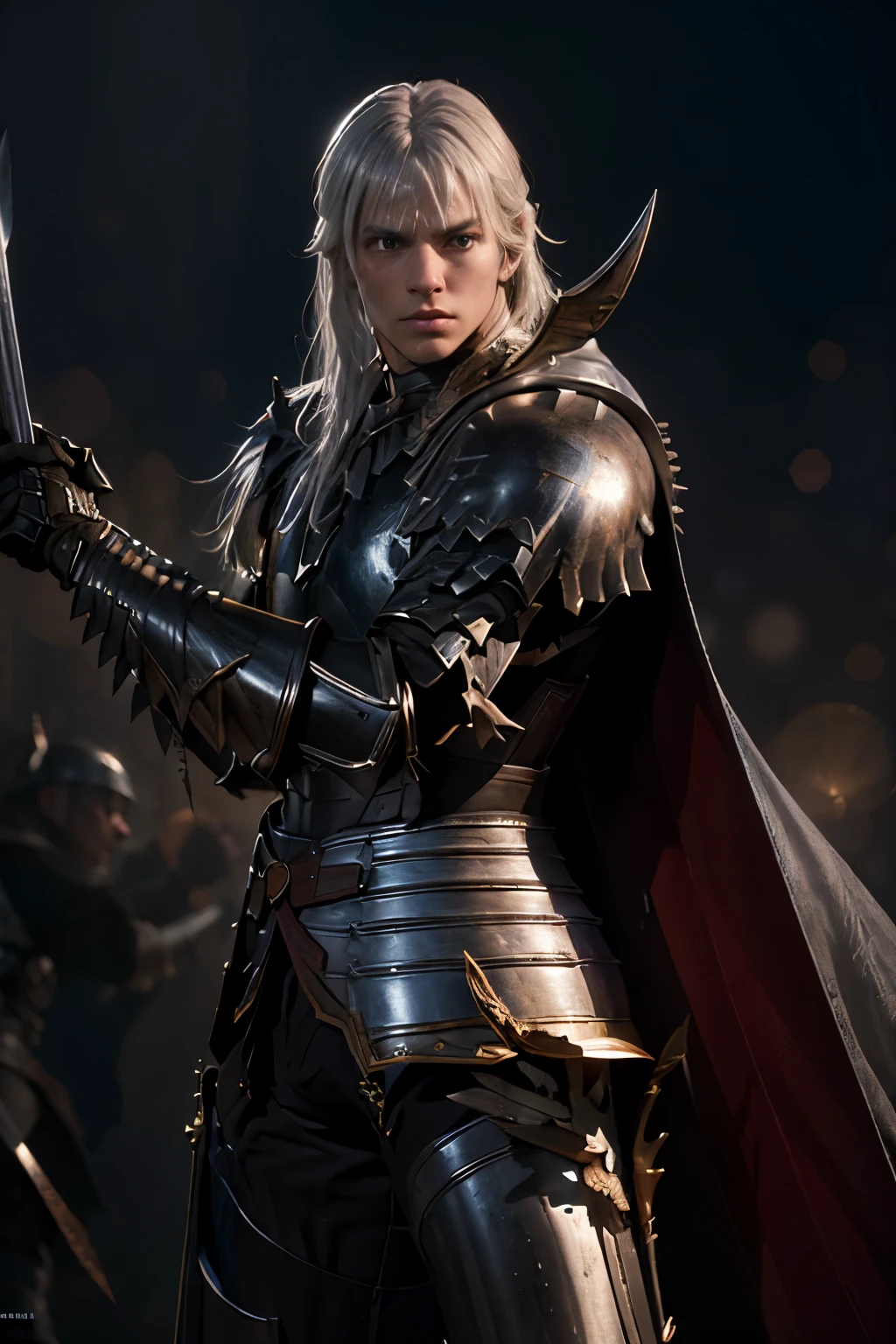 8k,Heroic warrior with a long ソード,Magnificent Armor(An elaborately crafted noble coat of arms),Elegant attire,Ultra-high resolution,Surreal, Unity,martial arts, Mounted combat, Realistic Skin,Silver Hair ,background,battlefield,Waist Armor,Delicate hands, Perfect hand shape, Character Art,Battle Scenes,Action Scenes,Action pose,masterpiece,Highest quality realistic RAW photos,Rich colors, Backlight, Cinema Lighting, Film Grain, to be born, 50mm lens, Nikon D850,Realistic Skin,Fantasy art,Character Art,Ultra-high resolution,Realistic scale skins, Dynamic pose,Action pose,gun,sword, Human 1, Pole Arm, 