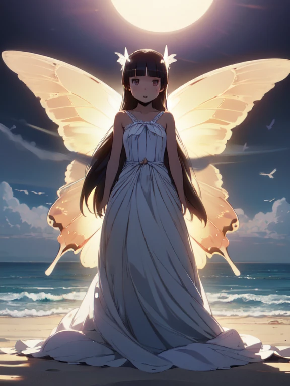 ((Siren)), ((Fairyの翼)), butterfly wings, ((ruri gokou)), girl, alone, Hime cut, Long Hair, Soft Light, White sand beach, Sea foam, Under the moonlight, Soft Breeze, Flowing Dress, Fairy, whole body