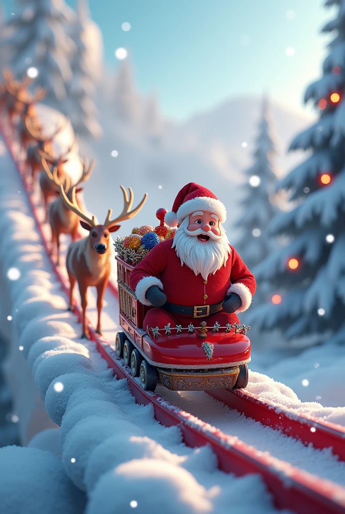 3d roller coaster with Santa clause and reindeers with snowy background