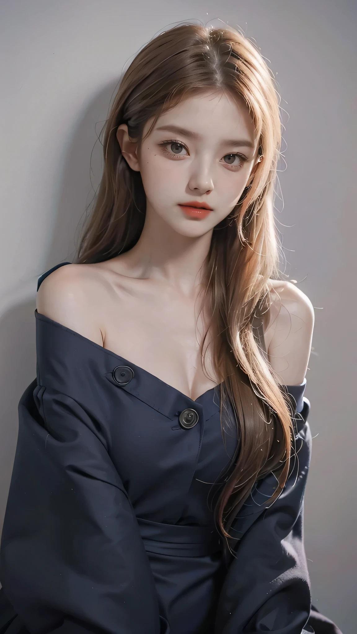Girl wearing, luxury navy blue coat, shoulder length hair, wavy hair, glowing skin, star in eye, red lips, grey background, cute poses , upper body, light blonde hair.