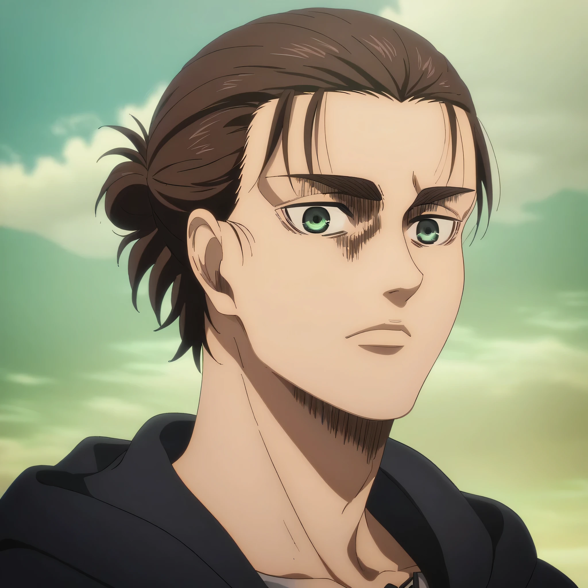 score_9, score_8_up, score_7_up, source_anime, rating_safe, , anime screencap, , official style, looking at viewer, , 1boy, solo, male focus, eren_yeager_s4, brown hair, green eyes, short hair, hair bun, single hair bun, panorama, expressionless, best background scenery , hight quality details, best quality, 4k, attack on titan animation style,